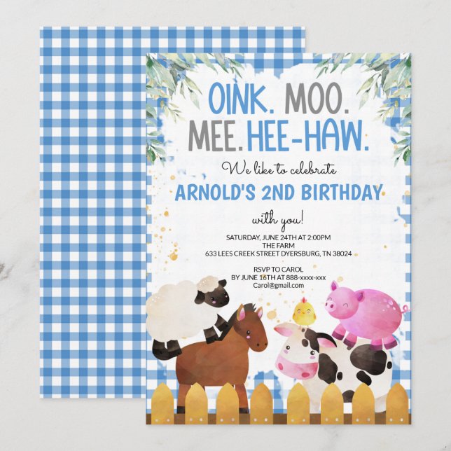 Blue Gingham Farm Animals Boy Birthday Barnyard Einladung (Vorne/Hinten)