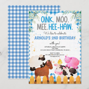 Blue Gingham Farm Animals Boy Birthday Barnyard Einladung