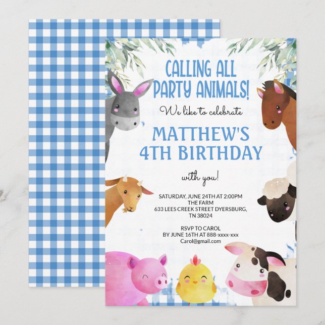 Blue Gingham Farm Animals Boy Birthday Barnyard Einladung (Vorne/Hinten)