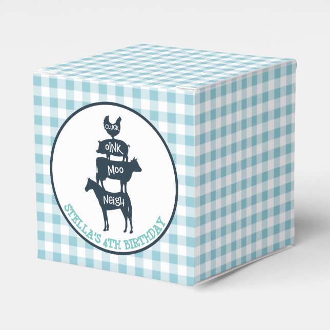 Blue Gingham Farm Theme Animal Birthday Geschenkschachtel (Vorderseite)