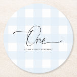 Blue Gingham First Birthday Drink Untersetzer<br><div class="desc">Diese Drink-Coaster zeichnen sich durch ein zeitloses Gingham-Design aus.</div>