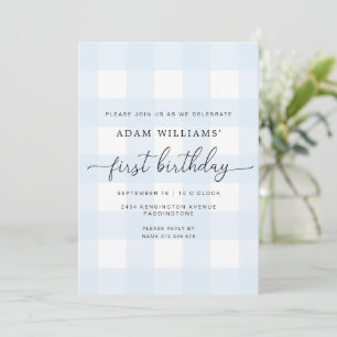 Blue Gingham First Birthday Einladung