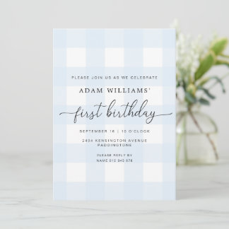 Blue Gingham First Birthday Einladung