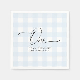 Blue Gingham First Birthday Paper Napkin Serviette
