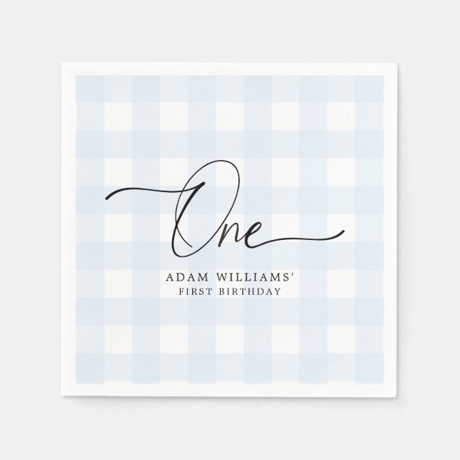 Blue Gingham First Birthday Paper Napkin Serviette (Vorderseite)