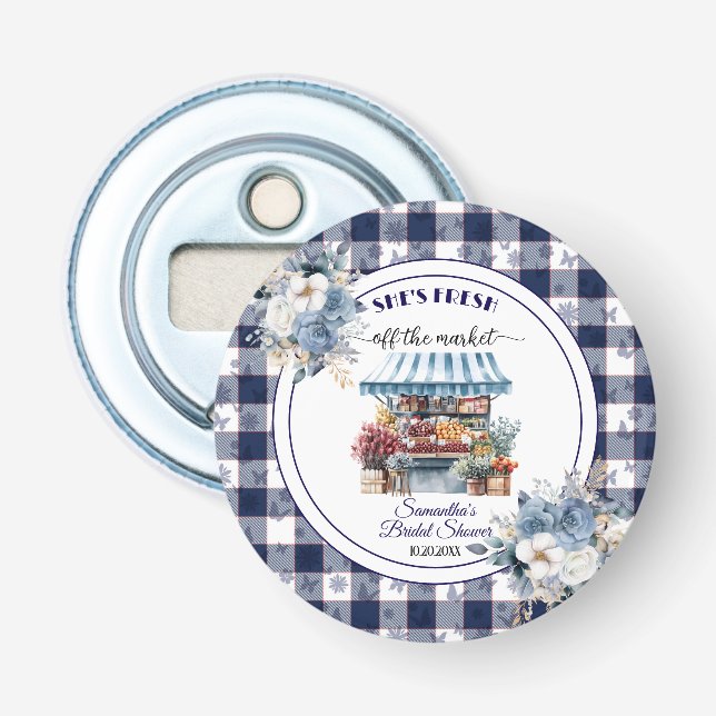 Blue Gingham Floral Brautparty: Gefallen Flaschenöffner (Vorderseite)