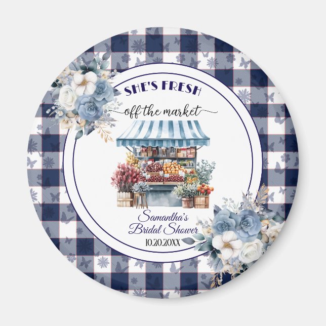 Blue Gingham Floral Brautparty: Gefallen Magnet (Vorne)