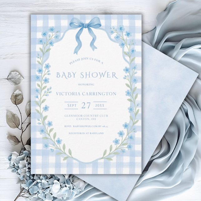 Blue Gingham Floral Vintag Baby Dusche Einladung (Von Creator hochgeladen)