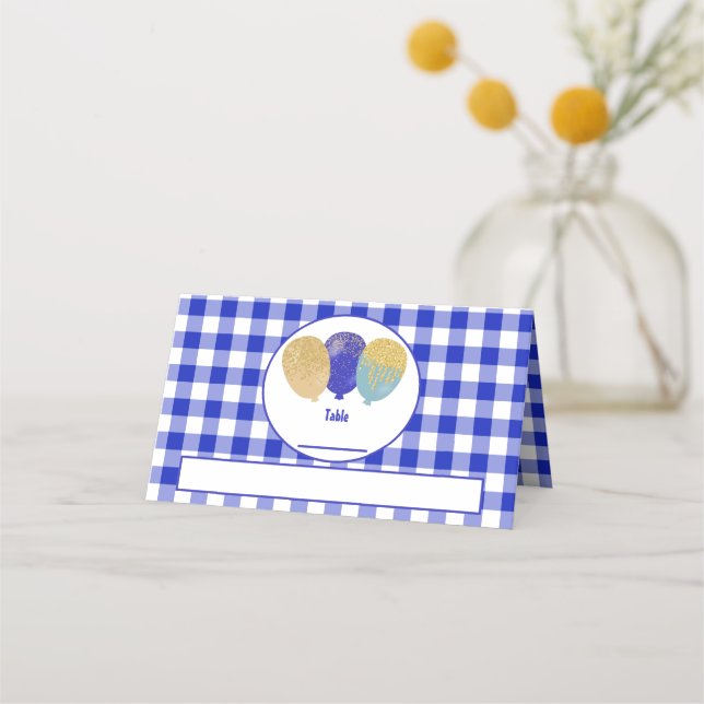 Blue Gingham Glitzer Blue Party Balloons Birthday Platzkarte (Vorderseite)