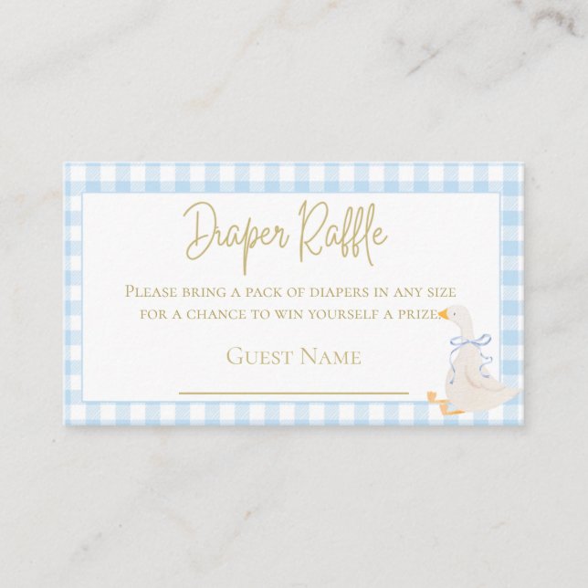 Blue Gingham Goose Baby Duwer Diaper Raffle Begleitkarte (Vorderseite)