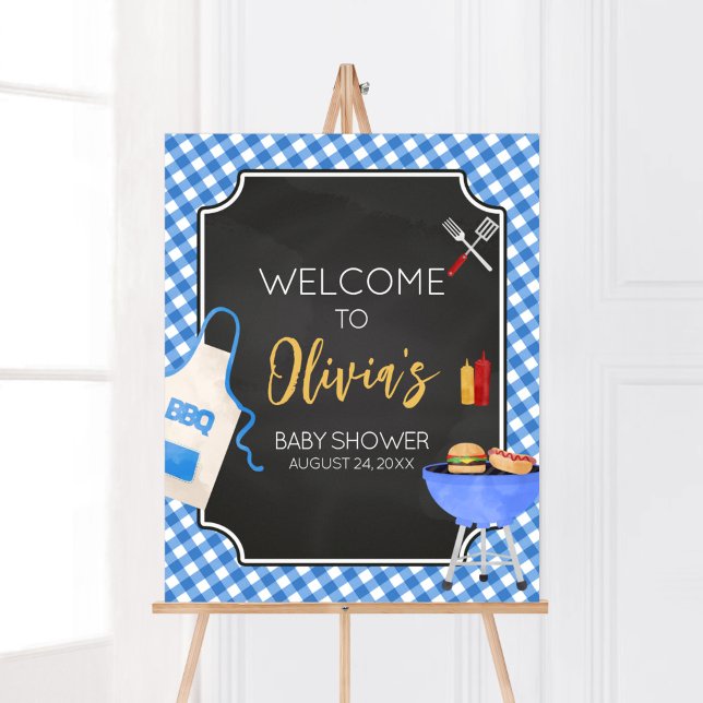 Blue Gingham GRILLEN Baby Dusche Willkommen Poster (Boy Baby-Q Baby Shower Welcome Sign)