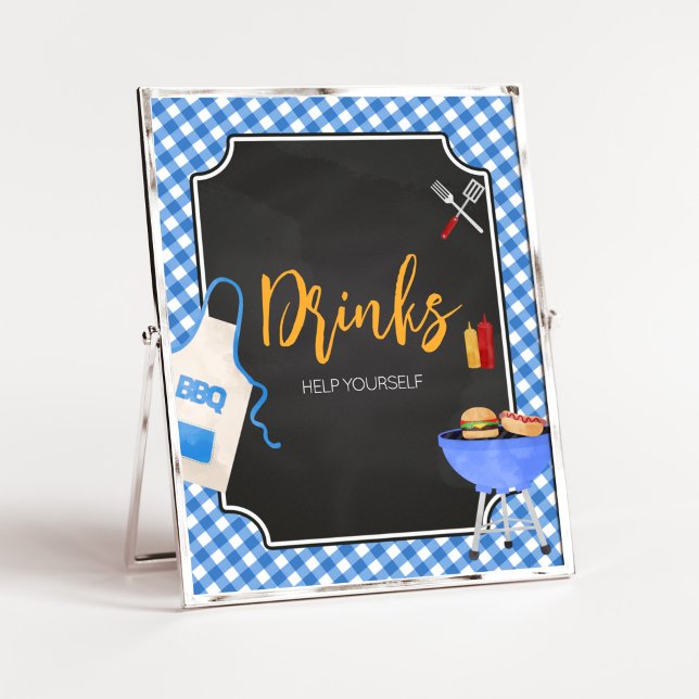 Blue Gingham GRILLEN Baby Shower Drinks Poster (Boy Baby-Q Baby Shower Drinks Sign)