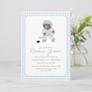 Blue Gingham Hockey Rookie Year Teddy Bear 1. Gebu Einladung