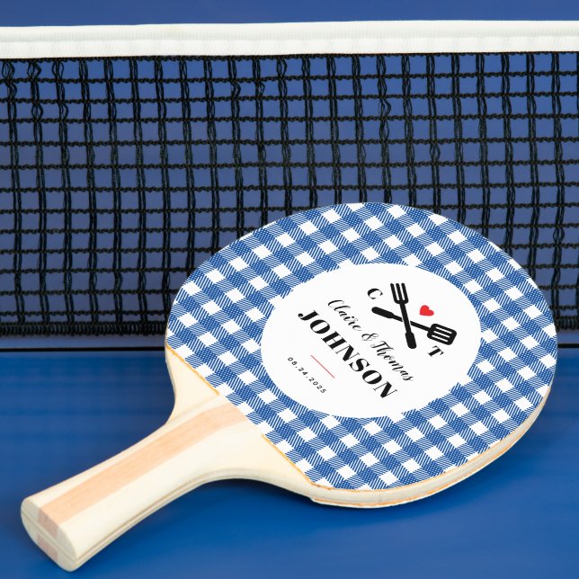 Blue Gingham Kariert Grill Monogram Wedding Tischtennis Schläger (InSitu)