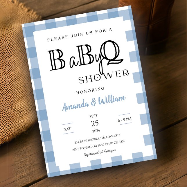 Blue Gingham Kariert GRILLEN Baby Couples Dusche Einladung (Blue Gingham Plaid BBQ Baby Couples Shower Invitation)