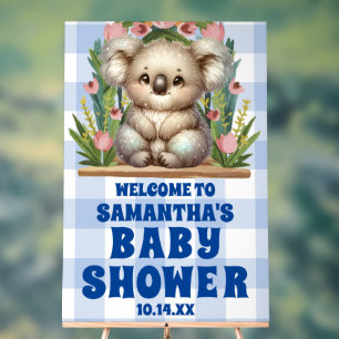 Blue Gingham Kariert Koala Baby Dusche Willkommen Acrylschild