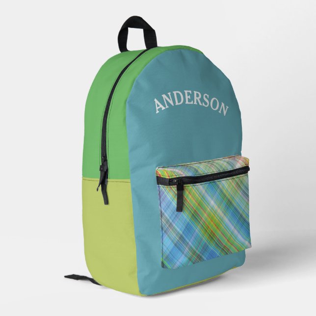 Blue Gingham Kariert Pattern Personalisierter Name Bedruckter Rucksack (Rückseitige Ecke links)