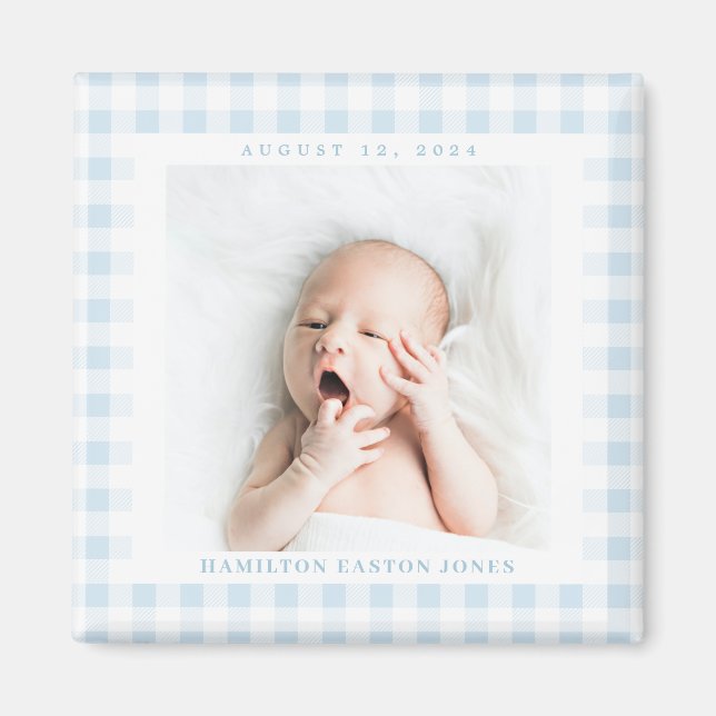 Blue Gingham Karo Baby Birthdate Magnet (Vorne)