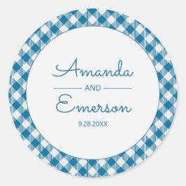 Blue Gingham Karo Fun Lässig Custom Wedding Gefall Runder Aufkleber