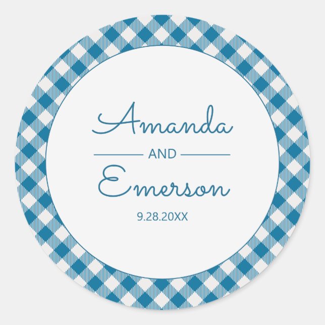 Blue Gingham Karo Fun Lässig Custom Wedding Gefall Runder Aufkleber (Vorderseite)