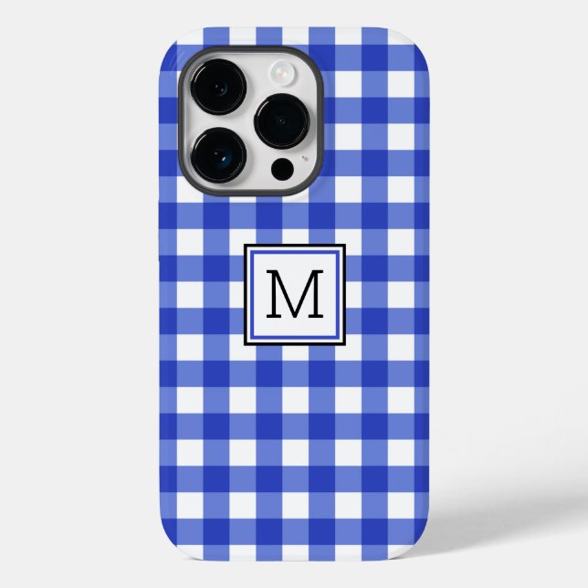 Blue Gingham Karo Monogram Case-Mate iPhone 14 Pro Hülle (Rückseite)