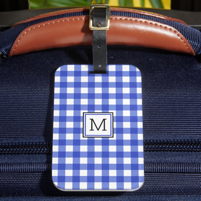 Blue Gingham Karo Monogram Gepäckanhänger (Vorderseite Insitu 2)