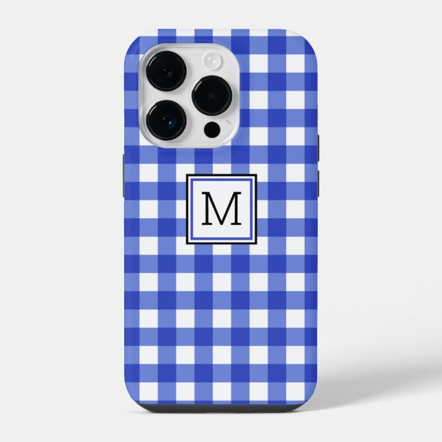Blue Gingham Karo Monogram iPhone 14 Pro Hülle (Rückseite)