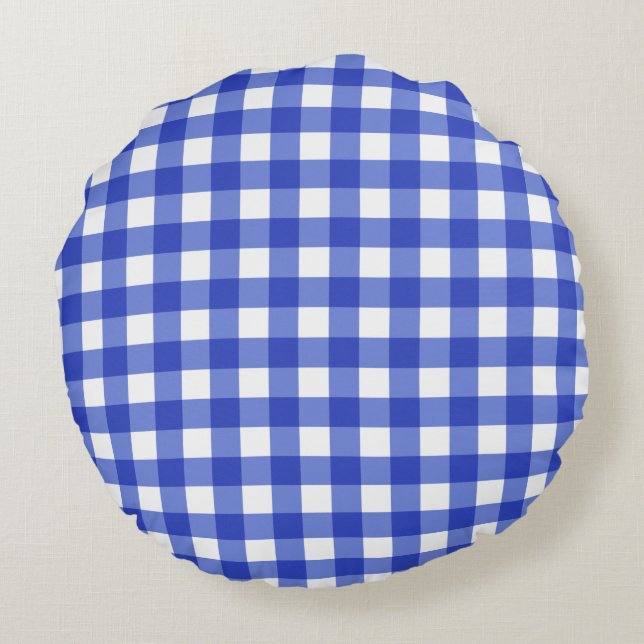 Blue Gingham Karo Rundes Kissen (Rückseite)