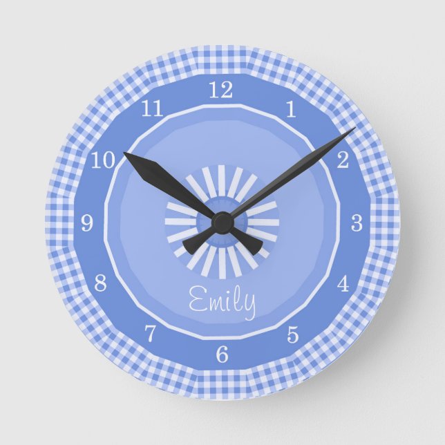 Blue Gingham Karos Numbered Runde Wanduhr (Vorderseite)
