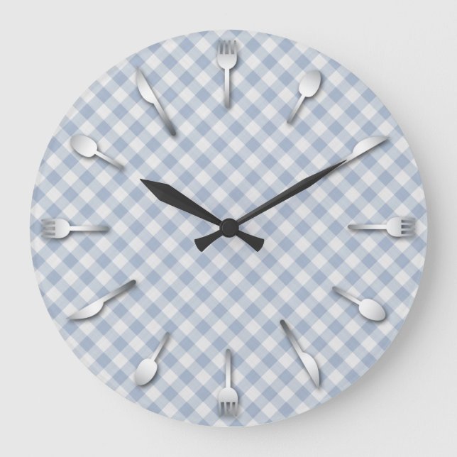 Blue Gingham Kitchen Clock - Country Western Große Wanduhr (Vorderseite)