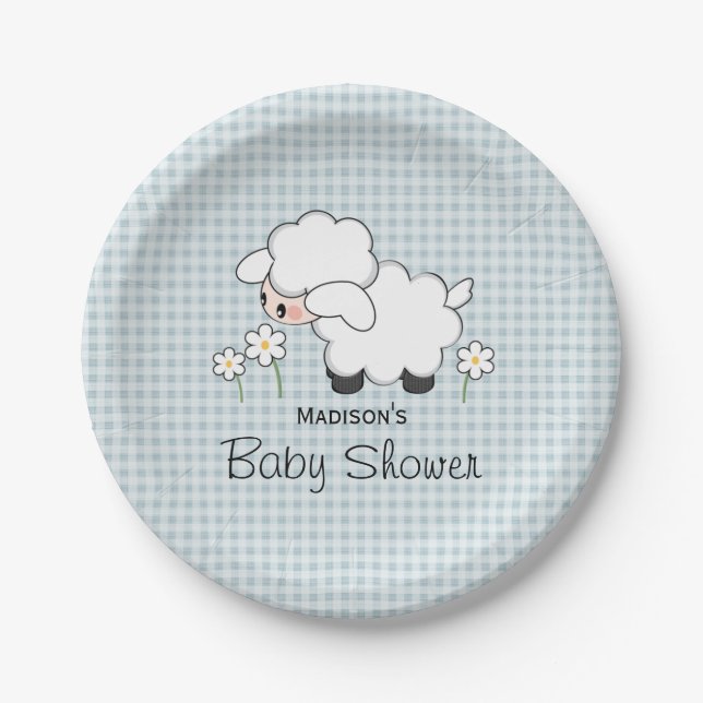 Blue Gingham Lamb Baby Boy Dusche Pappteller (Vorderseite)