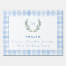 Blue Gingham Laurel Wappen Begrüßungszeichen