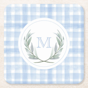 Blue Gingham Laurel Wappen Paper Rechteckiger Pappuntersetzer