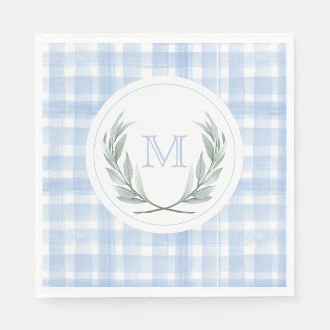 Blue Gingham Laurel Wappen Paper Serviette (Vorderseite)
