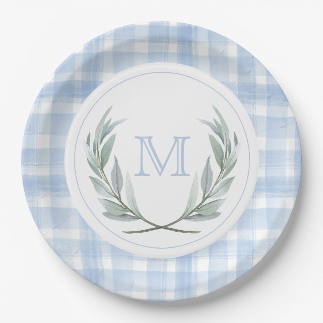 Blue Gingham Laurel Wappen Paper Teller (Vorderseite)