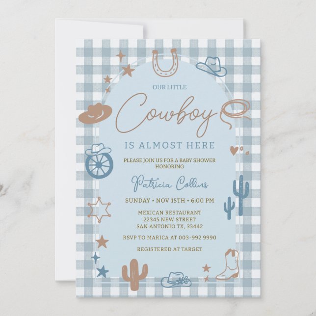 Blue Gingham Little Cowboy Wild West Baby Shower Einladung (Vorderseite)