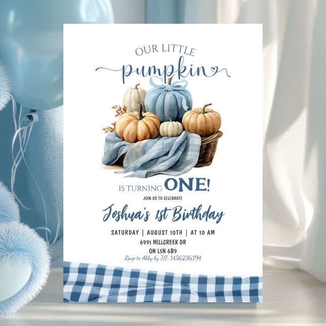 Blue Gingham Little Pumpkin Birthday Einladung (Von Creator hochgeladen)