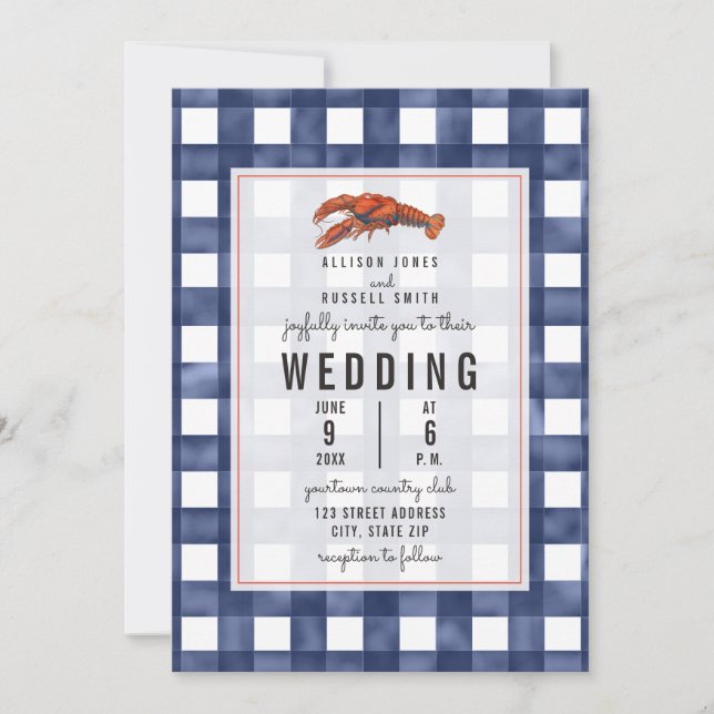 Blue Gingham Lobster Wedding Einladung (Vorderseite)