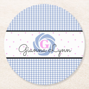 Blue Gingham Mit Monogramm Runder Pappuntersetzer