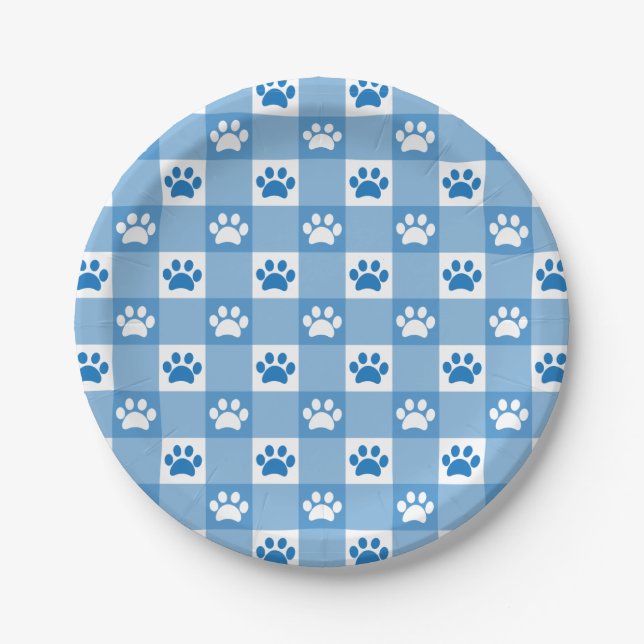 Blue Gingham mit Paw Prints Picnic Party Pappteller (Vorderseite)