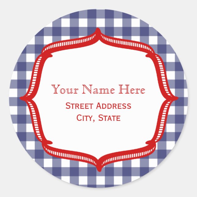 Blue Gingham mit Red Address Sticker (Vorderseite)