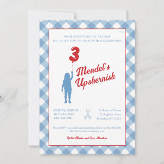 Blue Gingham mit Red Balloon Upsherin Foto Einladung
