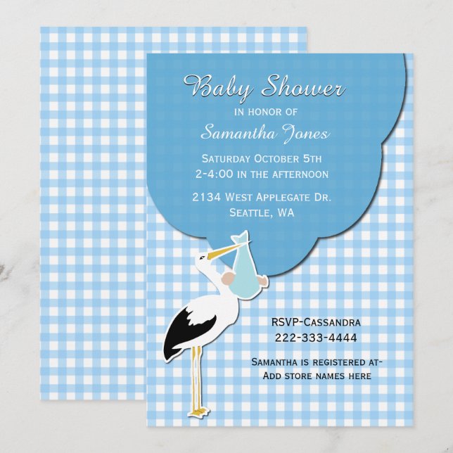 Blue Gingham mit Stork Baby Shower Einladung (Vorne/Hinten)