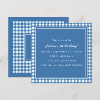 Blue Gingham Monogram Birthday Party Einladung