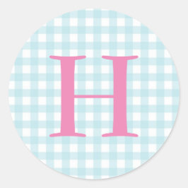 Blue Gingham Monogram Runder Aufkleber