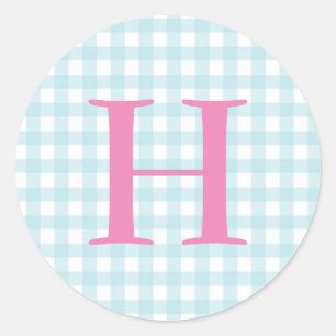 Blue Gingham Monogram Runder Aufkleber