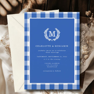 Blue Gingham Monogram Wappen Einladung