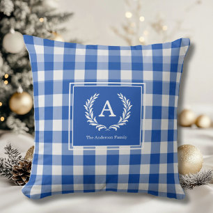 Blue Gingham Monogram Wappen Kissen