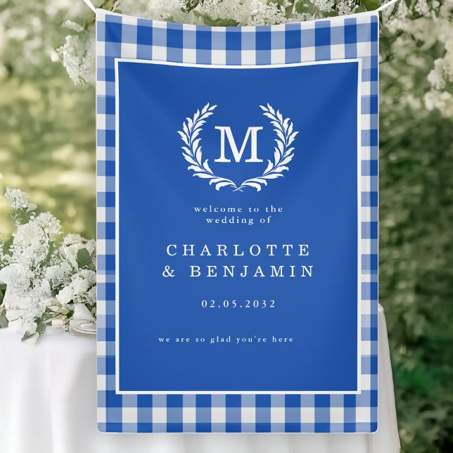 Blue Gingham Monogram Wappen Wedding Welcome Banner (Blue Gingham Monogram Crest Wedding Welcome Banner)