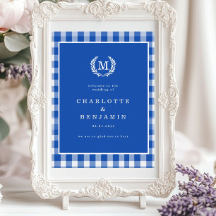 Blue Gingham Monogram Wappen Wedding Welcome Poster